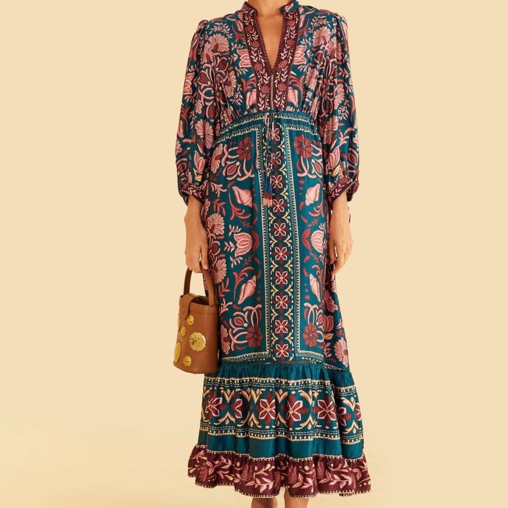 FARM Rio Teal Tapestry Sea Shell Maxi Dress NWT